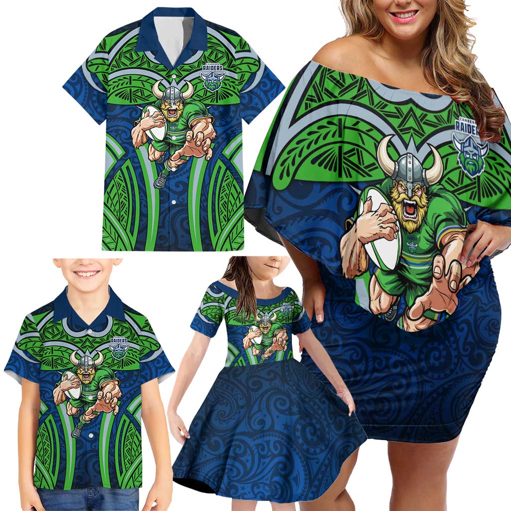 Canberra Raiders Rugby Family Matching Off Shoulder Short Dress and Hawaiian Shirt Polynesian Tribal Viking Warrior Green Blue Pattern