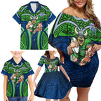 Canberra Raiders Rugby Family Matching Off Shoulder Short Dress and Hawaiian Shirt Polynesian Tribal Viking Warrior Green Blue Pattern