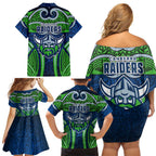 Canberra Raiders Rugby Family Matching Off Shoulder Short Dress and Hawaiian Shirt Polynesian Tribal Viking Warrior Green Blue Pattern