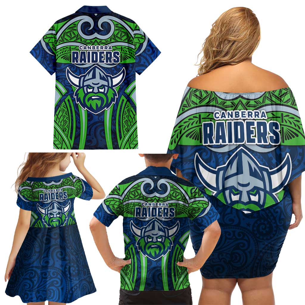 Canberra Raiders Rugby Family Matching Off Shoulder Short Dress and Hawaiian Shirt Polynesian Tribal Viking Warrior Green Blue Pattern