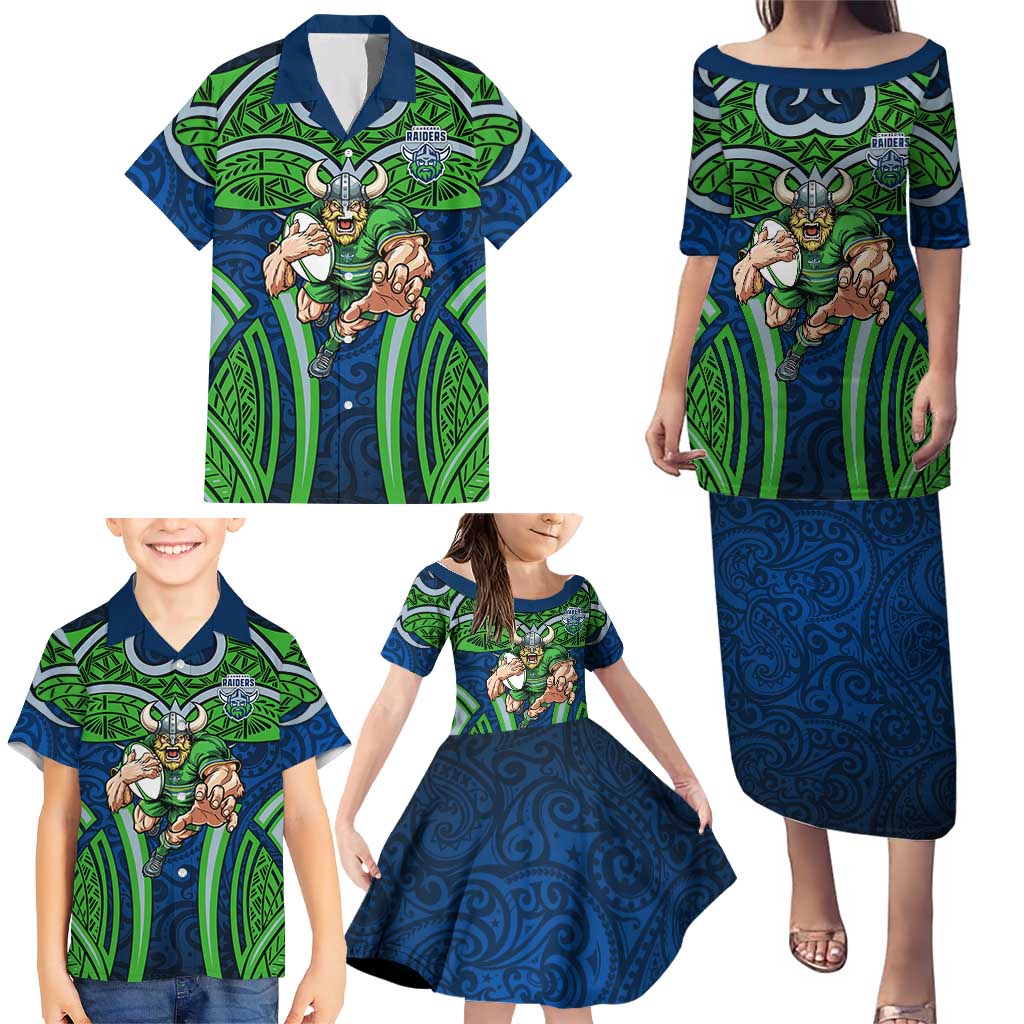 Canberra Raiders Rugby Family Matching Puletasi and Hawaiian Shirt Polynesian Tribal Viking Warrior Green Blue Pattern
