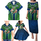 Canberra Raiders Rugby Family Matching Puletasi and Hawaiian Shirt Polynesian Tribal Viking Warrior Green Blue Pattern