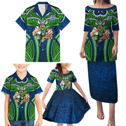 Canberra Raiders Rugby Family Matching Puletasi and Hawaiian Shirt Polynesian Tribal Viking Warrior Green Blue Pattern