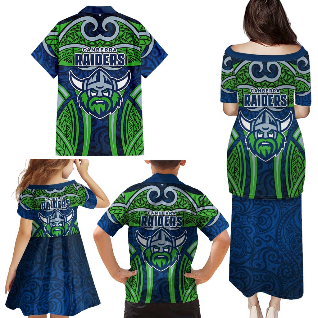 Canberra Raiders Rugby Family Matching Puletasi and Hawaiian Shirt Polynesian Tribal Viking Warrior Green Blue Pattern