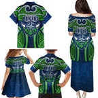 Canberra Raiders Rugby Family Matching Puletasi and Hawaiian Shirt Polynesian Tribal Viking Warrior Green Blue Pattern