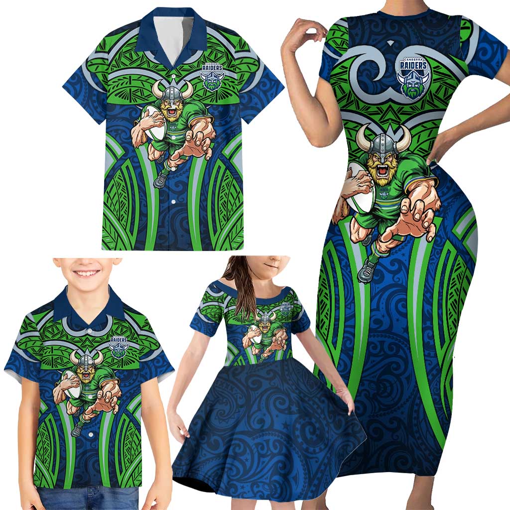 Canberra Raiders Rugby Family Matching Short Sleeve Bodycon Dress and Hawaiian Shirt Polynesian Tribal Viking Warrior Green Blue Pattern