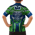 Canberra Raiders Rugby Family Matching Short Sleeve Bodycon Dress and Hawaiian Shirt Polynesian Tribal Viking Warrior Green Blue Pattern