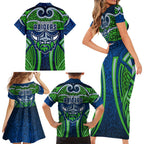 Canberra Raiders Rugby Family Matching Short Sleeve Bodycon Dress and Hawaiian Shirt Polynesian Tribal Viking Warrior Green Blue Pattern