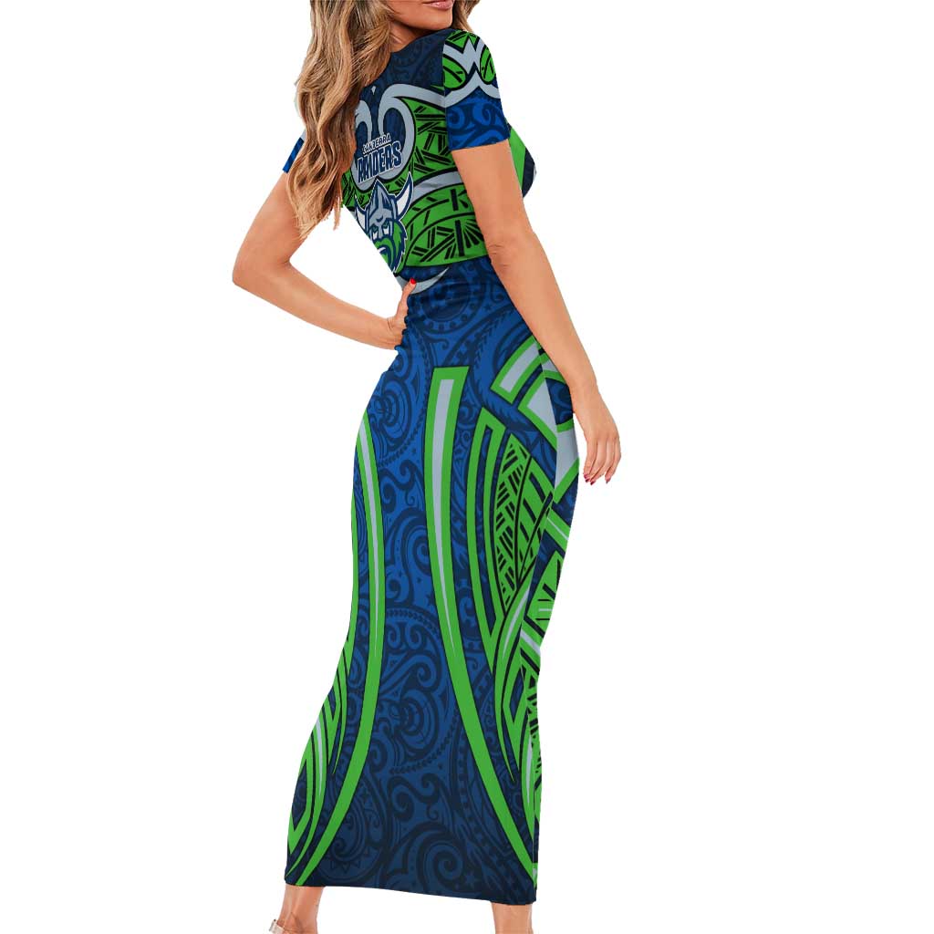 Canberra Raiders Rugby Family Matching Short Sleeve Bodycon Dress and Hawaiian Shirt Polynesian Tribal Viking Warrior Green Blue Pattern