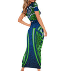 Canberra Raiders Rugby Family Matching Short Sleeve Bodycon Dress and Hawaiian Shirt Polynesian Tribal Viking Warrior Green Blue Pattern