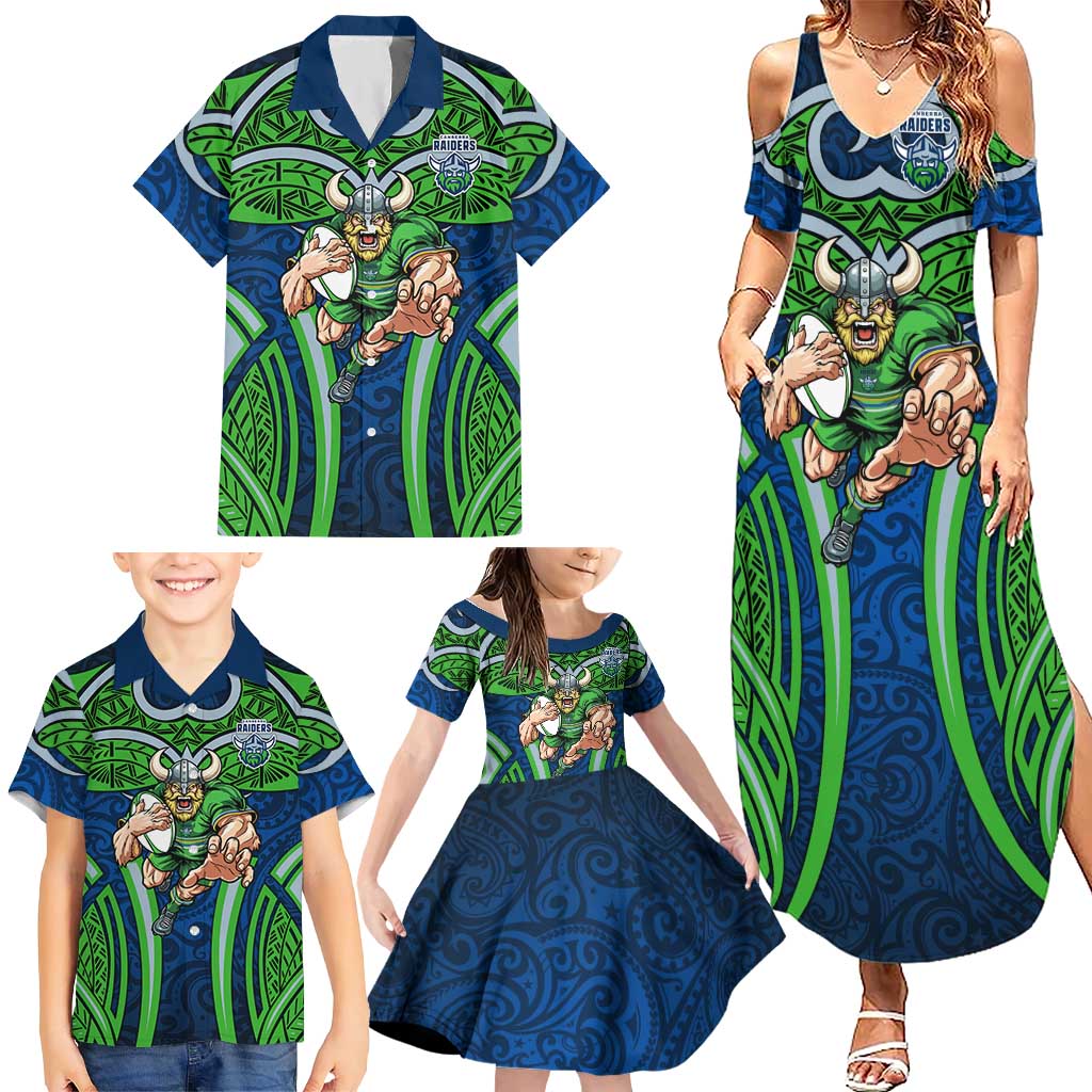 Canberra Raiders Rugby Family Matching Summer Maxi Dress and Hawaiian Shirt Polynesian Tribal Viking Warrior Green Blue Pattern