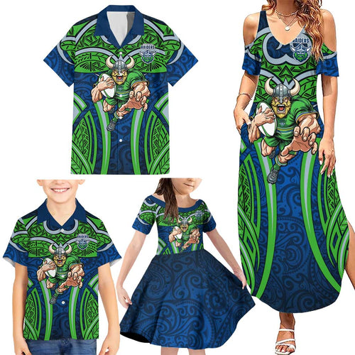 Canberra Raiders Rugby Family Matching Summer Maxi Dress and Hawaiian Shirt Polynesian Tribal Viking Warrior Green Blue Pattern