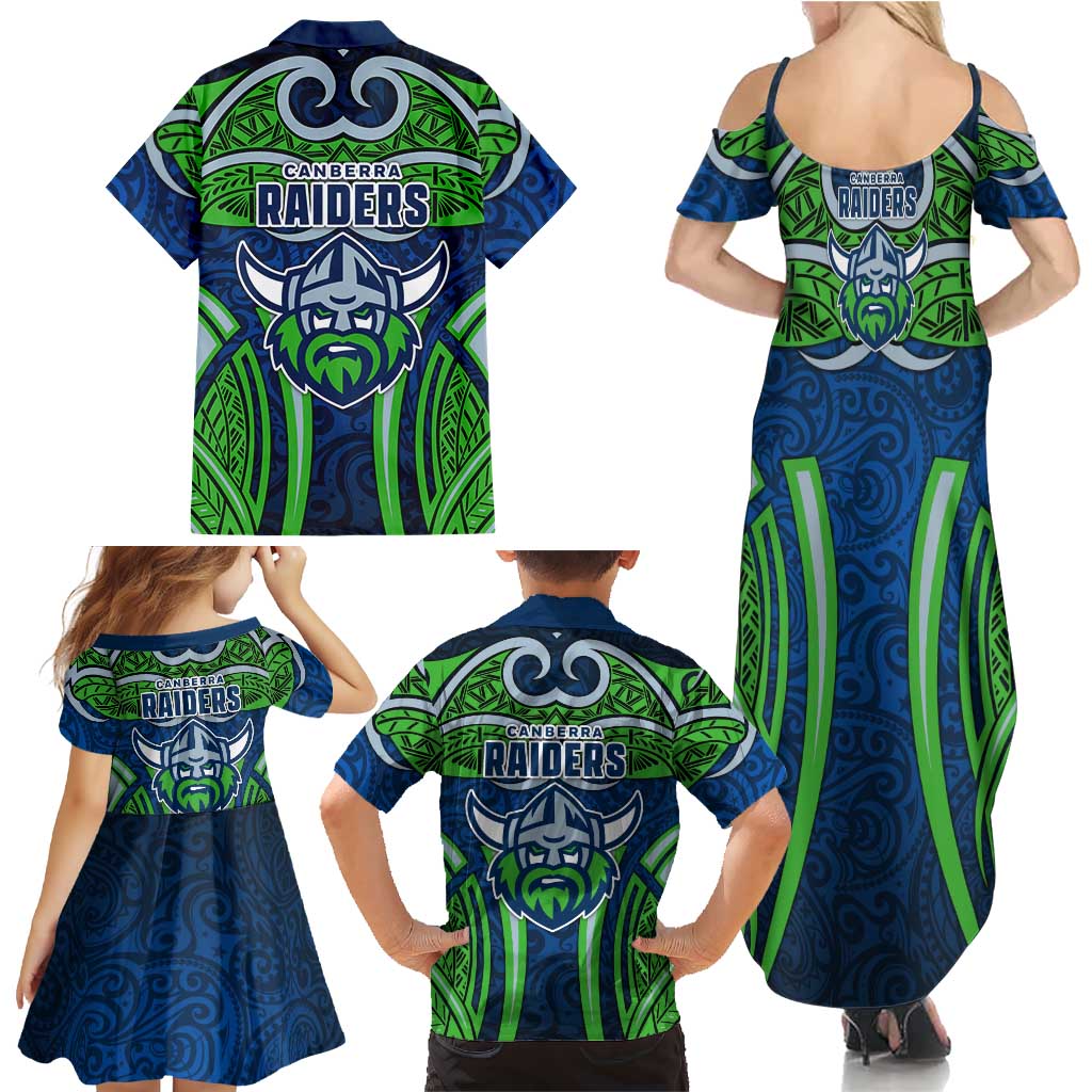 Canberra Raiders Rugby Family Matching Summer Maxi Dress and Hawaiian Shirt Polynesian Tribal Viking Warrior Green Blue Pattern