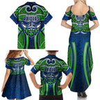 Canberra Raiders Rugby Family Matching Summer Maxi Dress and Hawaiian Shirt Polynesian Tribal Viking Warrior Green Blue Pattern