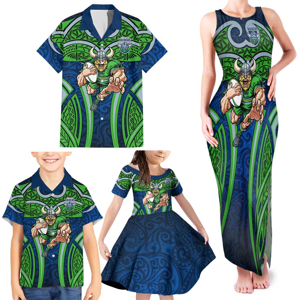 Canberra Raiders Rugby Family Matching Tank Maxi Dress and Hawaiian Shirt Polynesian Tribal Viking Warrior Green Blue Pattern