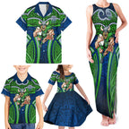 Canberra Raiders Rugby Family Matching Tank Maxi Dress and Hawaiian Shirt Polynesian Tribal Viking Warrior Green Blue Pattern