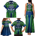 Canberra Raiders Rugby Family Matching Tank Maxi Dress and Hawaiian Shirt Polynesian Tribal Viking Warrior Green Blue Pattern
