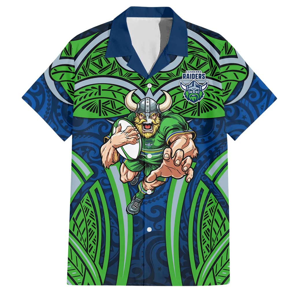 Canberra Raiders Rugby Hawaiian Shirt Polynesian Tribal Viking Warrior Green Blue Pattern