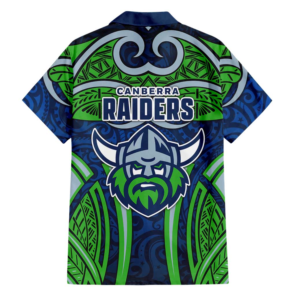 Canberra Raiders Rugby Hawaiian Shirt Polynesian Tribal Viking Warrior Green Blue Pattern