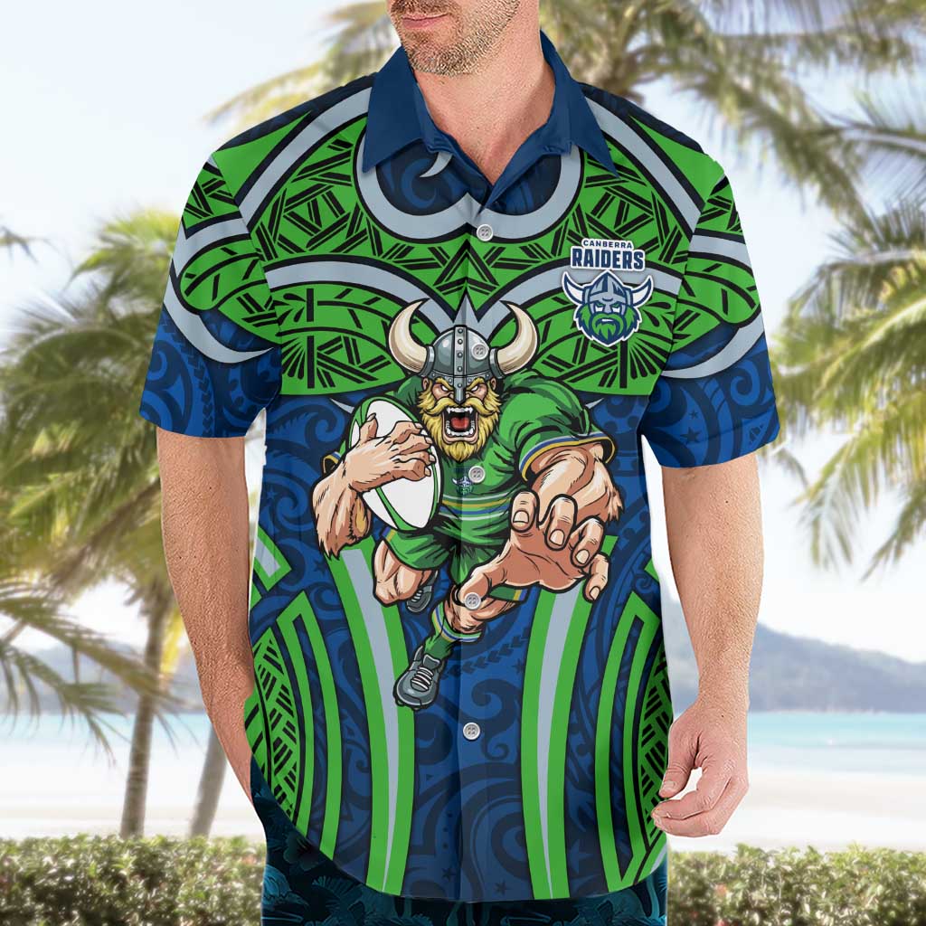 Canberra Raiders Rugby Hawaiian Shirt Polynesian Tribal Viking Warrior Green Blue Pattern