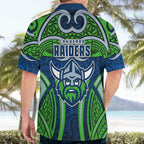 Canberra Raiders Rugby Hawaiian Shirt Polynesian Tribal Viking Warrior Green Blue Pattern