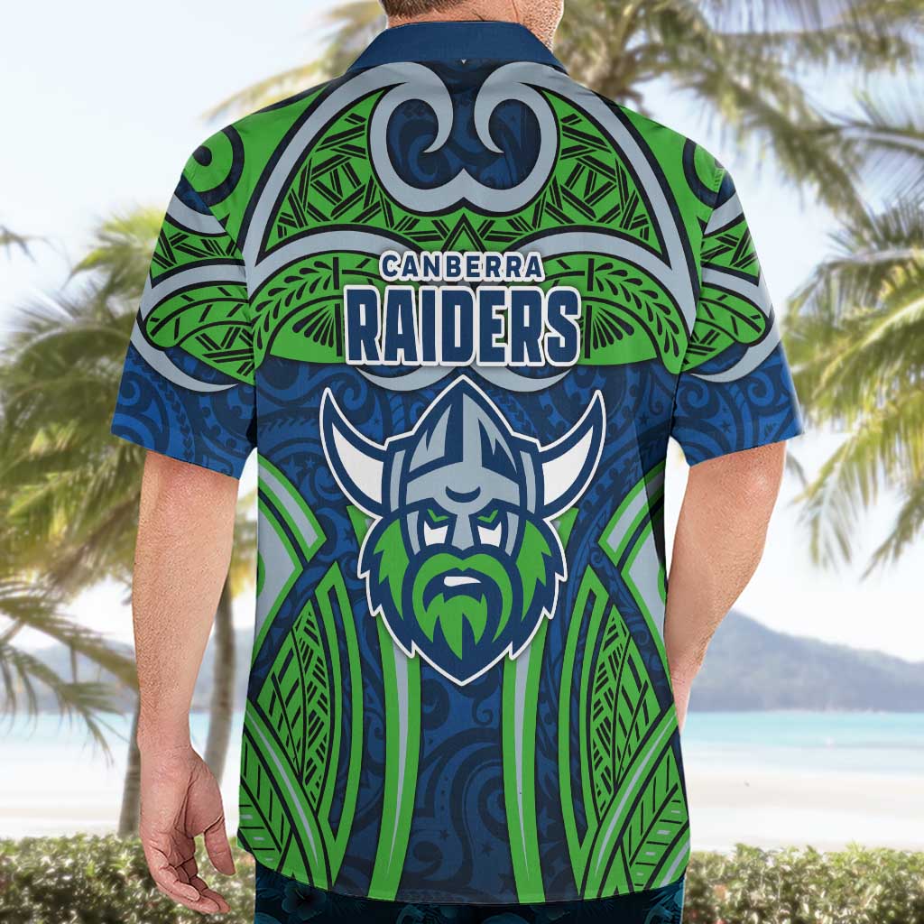 Canberra Raiders Rugby Hawaiian Shirt Polynesian Tribal Viking Warrior Green Blue Pattern