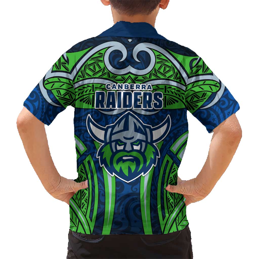 Canberra Raiders Rugby Hawaiian Shirt Polynesian Tribal Viking Warrior Green Blue Pattern