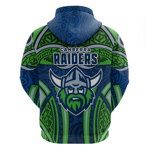 Canberra Raiders Rugby Hoodie Polynesian Tribal Viking Warrior Green Blue Pattern