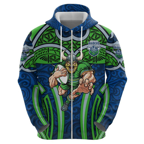 Canberra Raiders Rugby Hoodie Polynesian Tribal Viking Warrior Green Blue Pattern