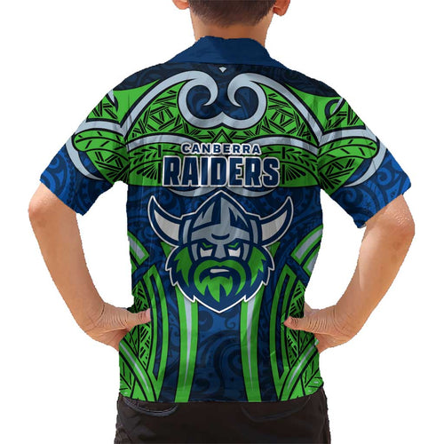Canberra Raiders Rugby Kid Hawaiian Shirt Polynesian Tribal Viking Warrior Green Blue Pattern