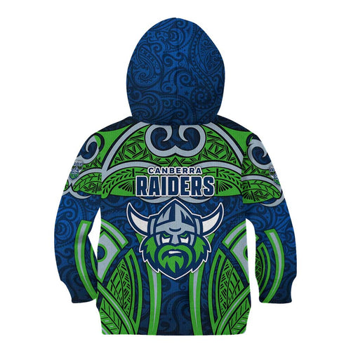 Canberra Raiders Rugby Kid Hoodie Polynesian Tribal Viking Warrior Green Blue Pattern