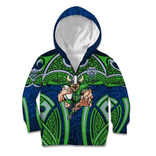 Canberra Raiders Rugby Kid Hoodie Polynesian Tribal Viking Warrior Green Blue Pattern