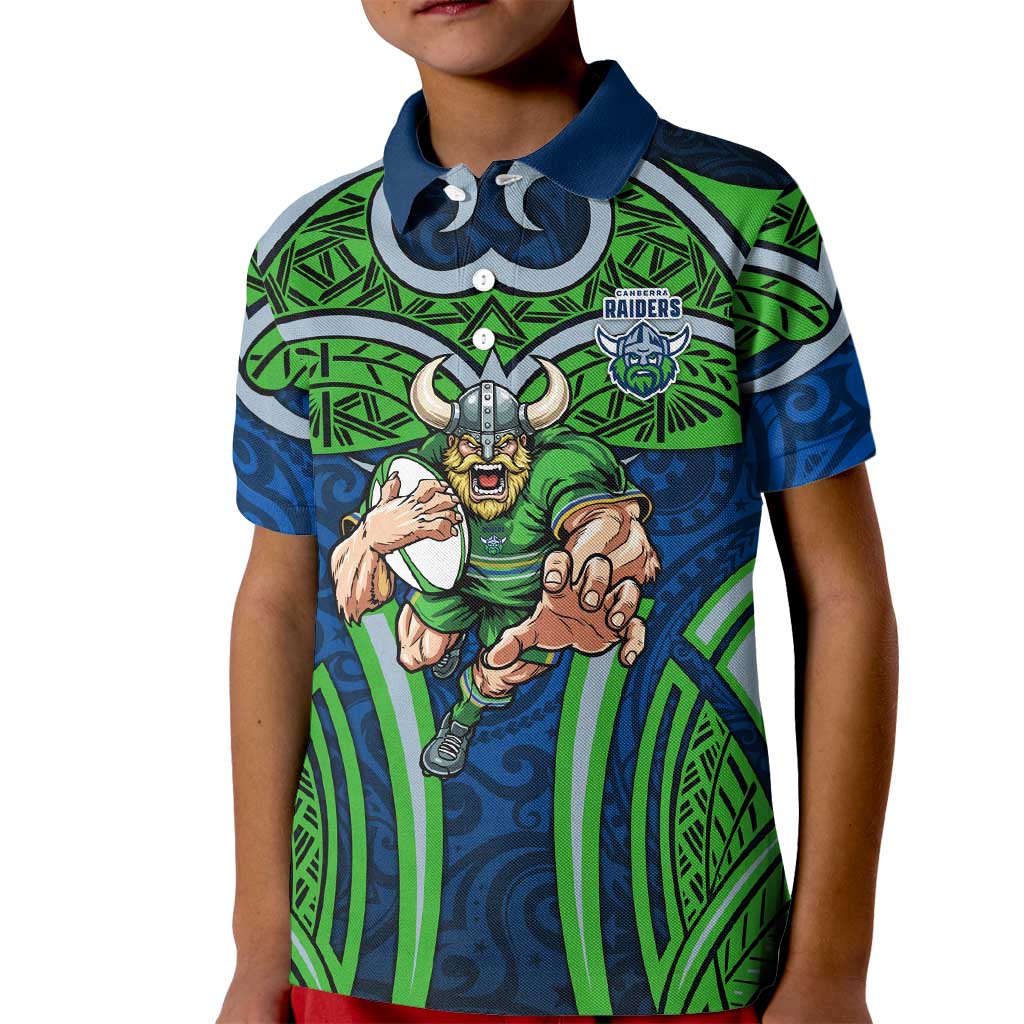 Canberra Raiders Rugby Kid Polo Shirt Polynesian Tribal Viking Warrior Green Blue Pattern
