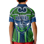 Canberra Raiders Rugby Kid Polo Shirt Polynesian Tribal Viking Warrior Green Blue Pattern