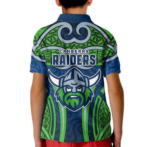 Canberra Raiders Rugby Kid Polo Shirt Polynesian Tribal Viking Warrior Green Blue Pattern