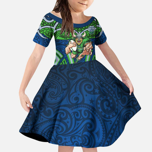 Canberra Raiders Rugby Kid Short Sleeve Dress Polynesian Tribal Viking Warrior Green Blue Pattern