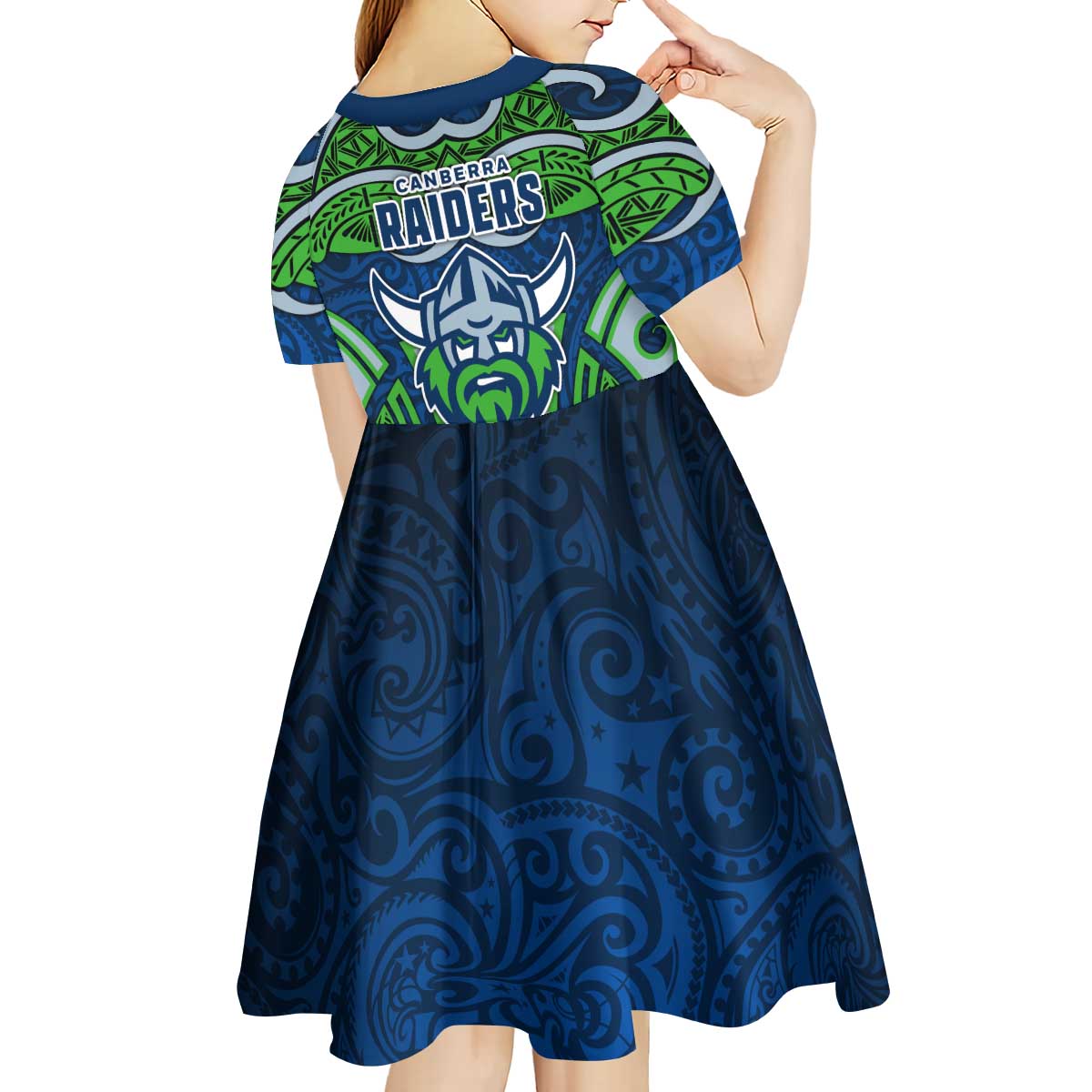 Canberra Raiders Rugby Kid Short Sleeve Dress Polynesian Tribal Viking Warrior Green Blue Pattern