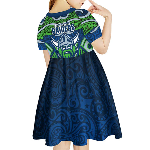 Canberra Raiders Rugby Kid Short Sleeve Dress Polynesian Tribal Viking Warrior Green Blue Pattern