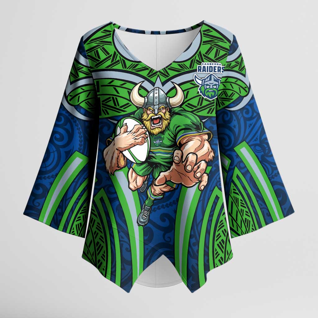 Canberra Raiders Rugby Kimono Sleeve Blouse Polynesian Tribal Viking Warrior Green Blue Pattern