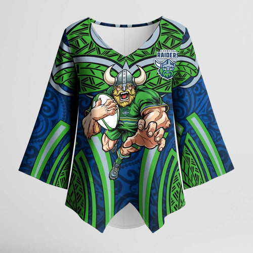 Canberra Raiders Rugby Kimono Sleeve Blouse Polynesian Tribal Viking Warrior Green Blue Pattern
