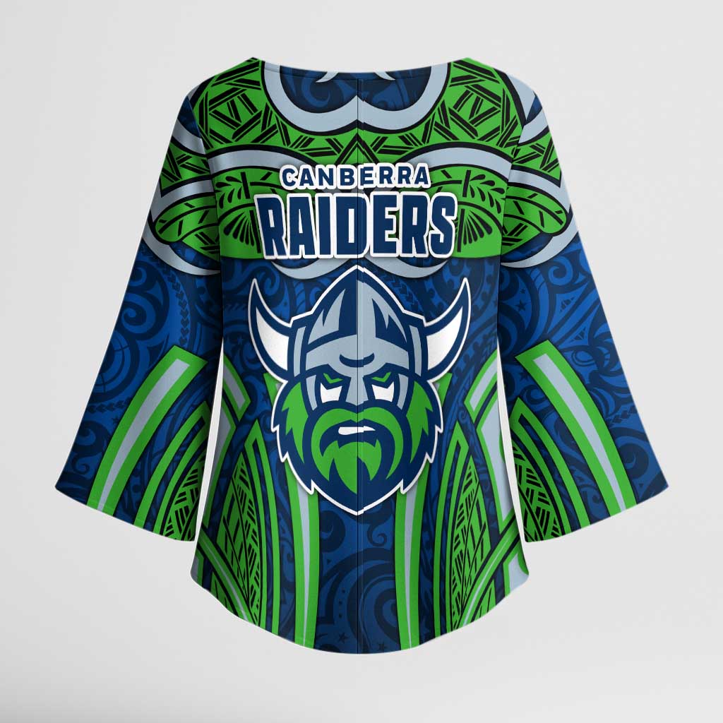 Canberra Raiders Rugby Kimono Sleeve Blouse Polynesian Tribal Viking Warrior Green Blue Pattern