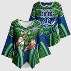 Canberra Raiders Rugby Kimono Sleeve Blouse Polynesian Tribal Viking Warrior Green Blue Pattern