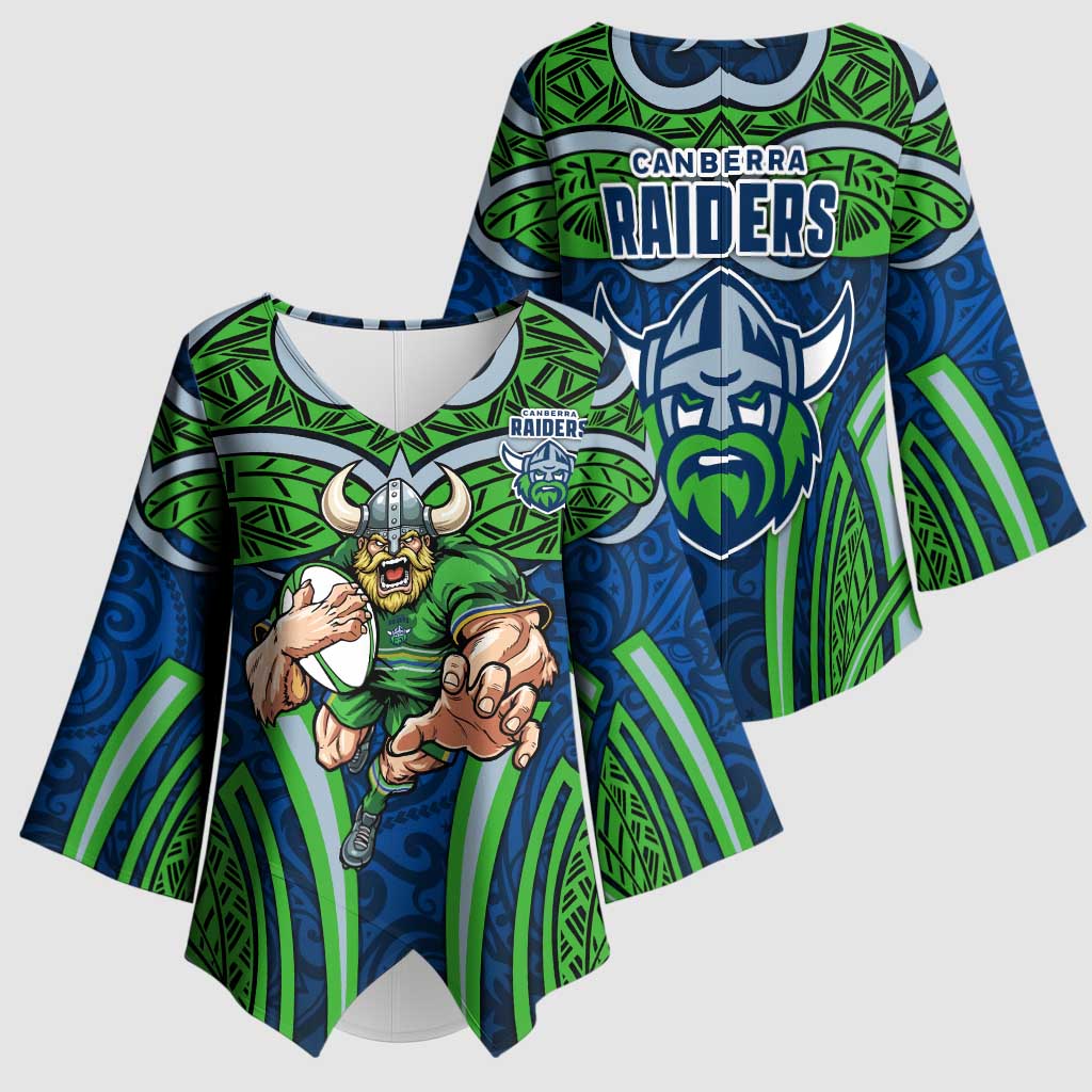 Canberra Raiders Rugby Kimono Sleeve Blouse Polynesian Tribal Viking Warrior Green Blue Pattern