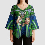 Canberra Raiders Rugby Kimono Sleeve Blouse Polynesian Tribal Viking Warrior Green Blue Pattern