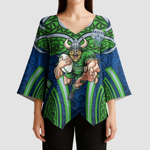 Canberra Raiders Rugby Kimono Sleeve Blouse Polynesian Tribal Viking Warrior Green Blue Pattern