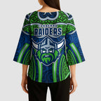 Canberra Raiders Rugby Kimono Sleeve Blouse Polynesian Tribal Viking Warrior Green Blue Pattern