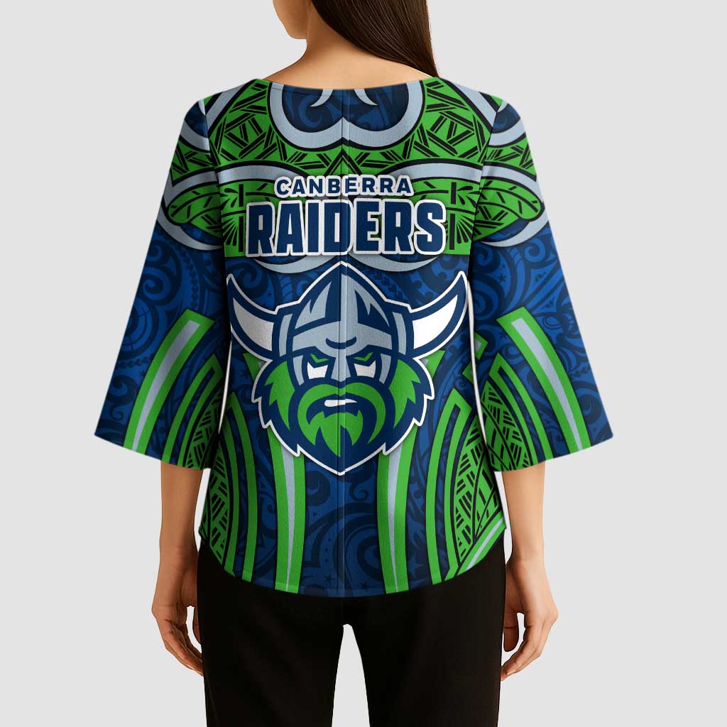 Canberra Raiders Rugby Kimono Sleeve Blouse Polynesian Tribal Viking Warrior Green Blue Pattern