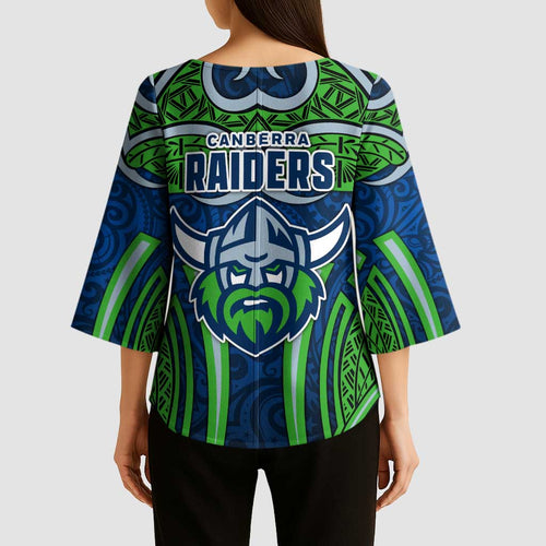 Canberra Raiders Rugby Kimono Sleeve Blouse Polynesian Tribal Viking Warrior Green Blue Pattern
