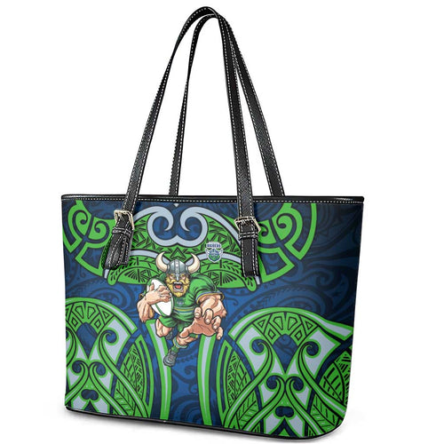 Canberra Raiders Rugby Leather Tote Bag Polynesian Tribal Viking Warrior Green Blue Pattern