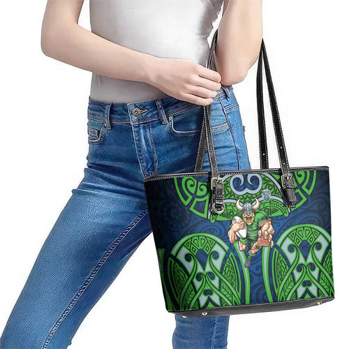 Canberra Raiders Rugby Leather Tote Bag Polynesian Tribal Viking Warrior Green Blue Pattern